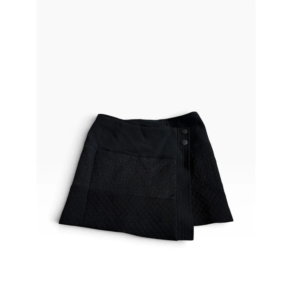 Cabi Mini Skirt XS Black Mixed Media Quilted Wrap Front Button Detail